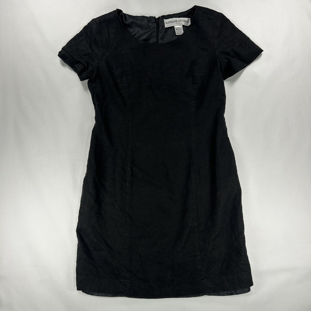 Adolfo Studio Vintage 90S Woman's  Linen Blend Short Sleeve Dress 6 Petite Black